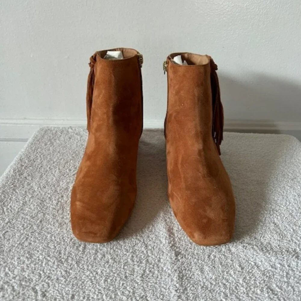 Free People Spring In Paris Boots Women's Size 6.5 Tan Suede Fringe Square Toe - Picture 1 of 8